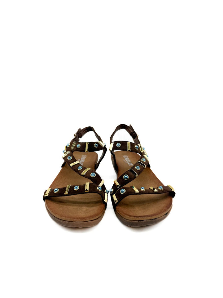 Sandalias Romanas Boho-Chic con Detalles de Pedrería Azul y Dorado
