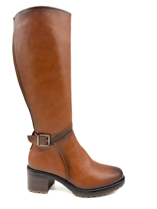 Botas Altas de Elástico con Tacón Cuadrado Cuero