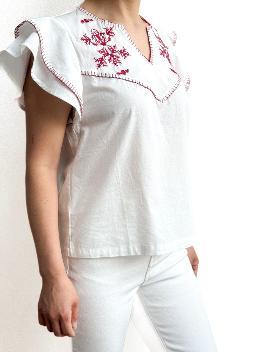 Blusa Artesanal con Bordado en Rojo