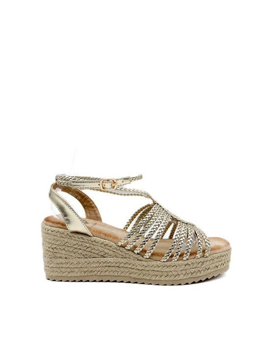 Sandalias de Cuña con Tiras Trenzadas y Plataforma de Yute Oro
