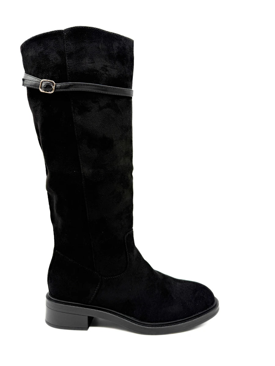 Botas Altas de Antelina con Tira Superior y Tacón Bajo