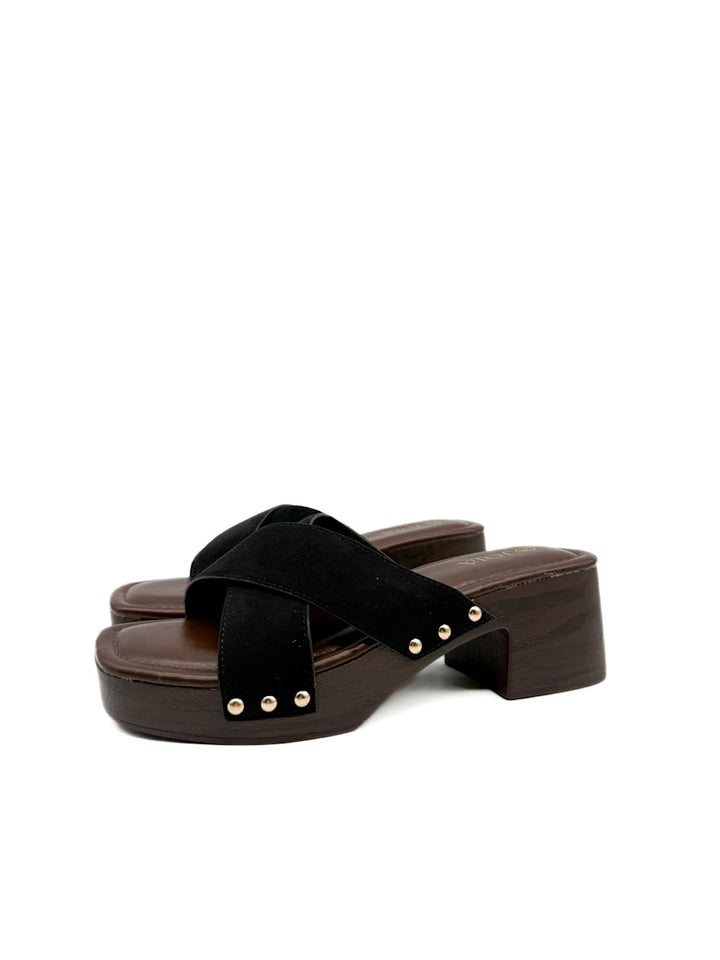 Sandalias Mule Zueco Tiras Cruzadas Antelina Efecto Madera