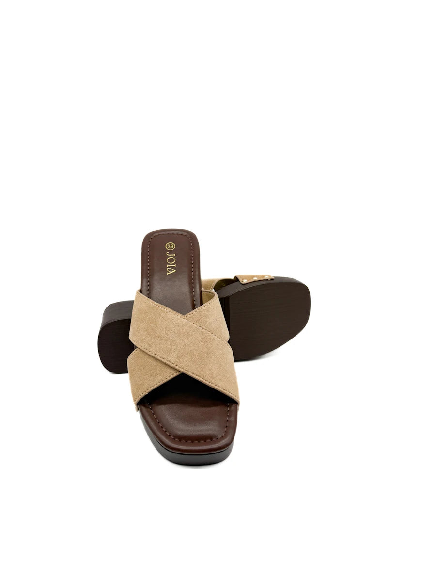 Sandalias Mule Zueco Tiras Cruzadas Antelina Efecto Madera
