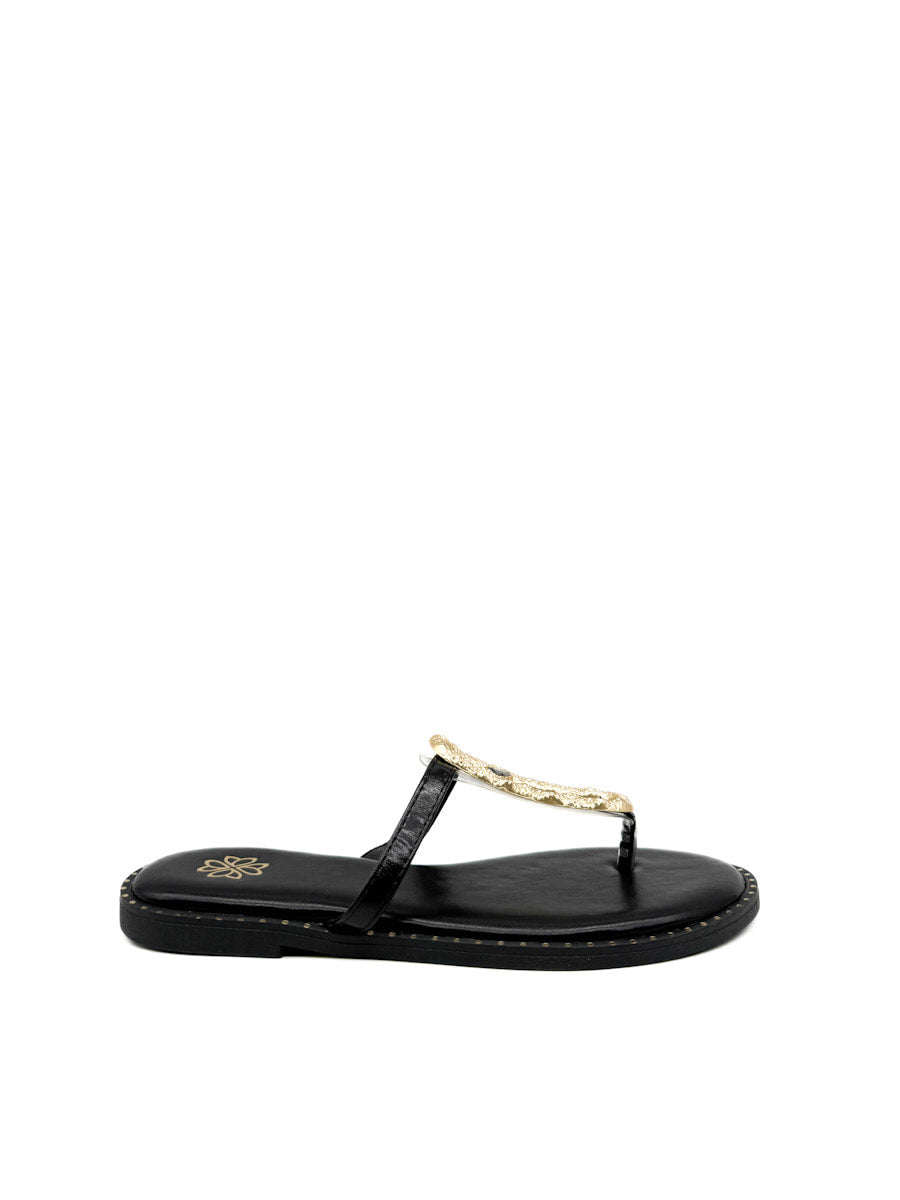 Sandalias Planas con Adorno Dorado Transparente Negro