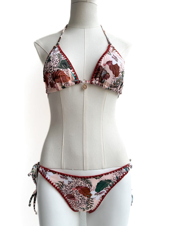 Bikini Triángulo con Estampado Tropical Beige