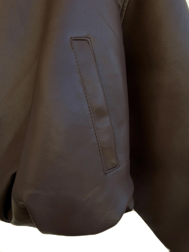 Chaqueta Efecto Piel con Cuello de Pelo Sintético