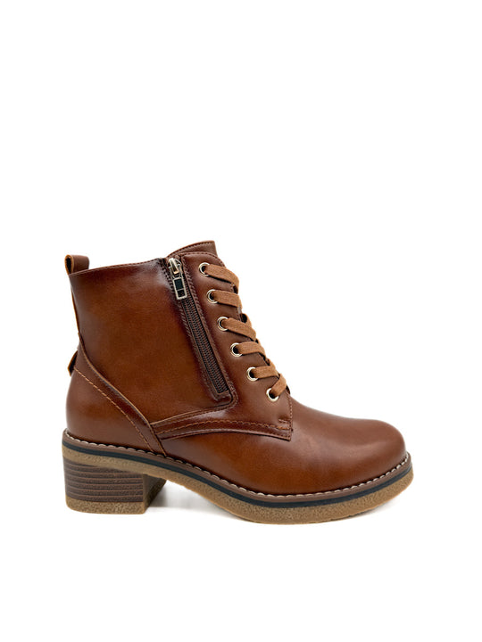 Botín Camel con Cordones, Tacón Grueso y Cremallera Lateral Camel