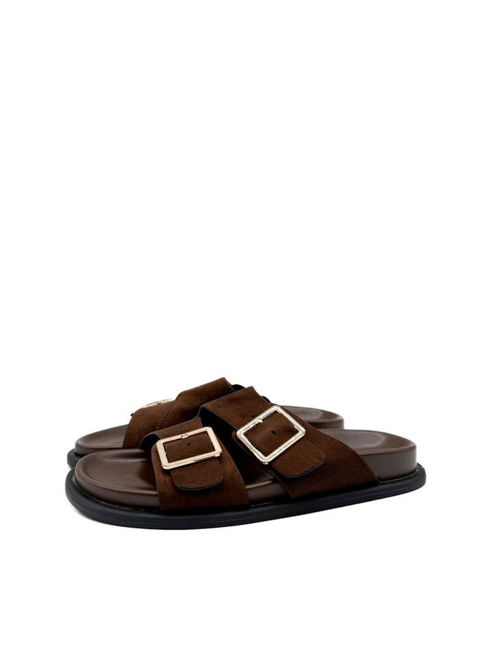 Sandalias de Doble Hebilla Dorada en Antelina Marrón Chocolate - Chanclas de Suela Gruesa Confort para Mujer