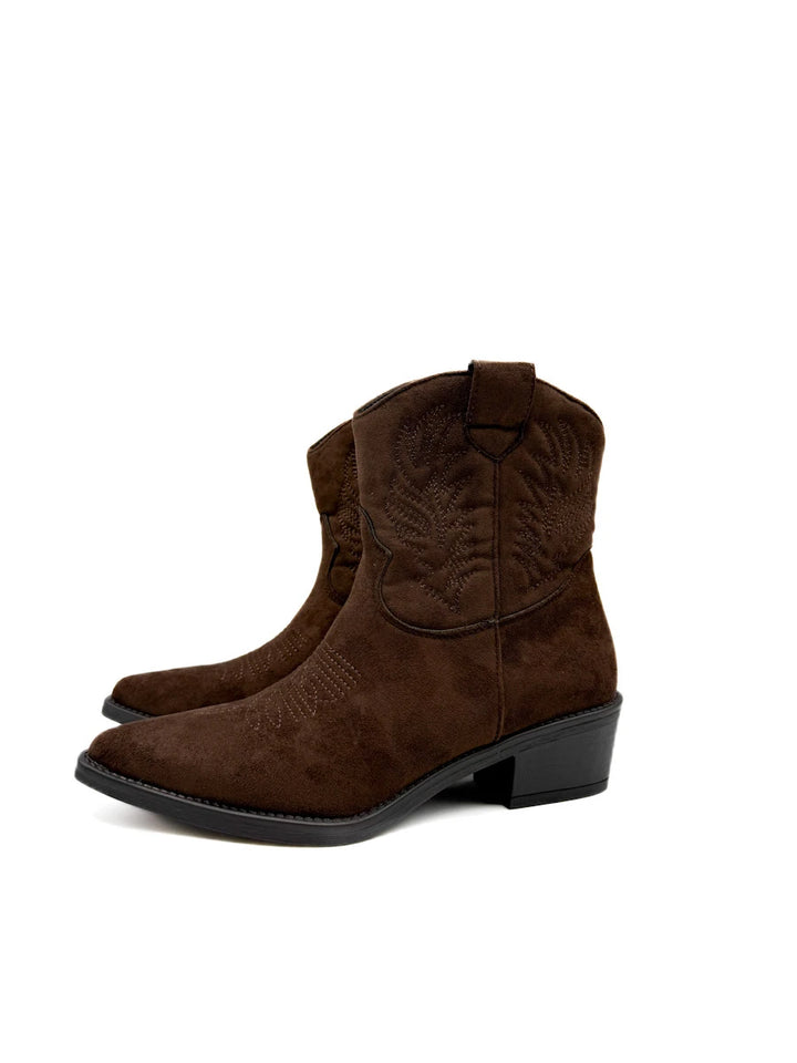 Botines Cowboy con Bordado Étnico para Mujer en Antelina y Piel Sintética
