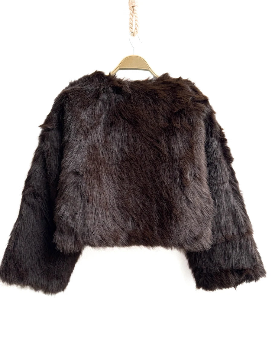 Chaquetas Corta de Pelo Sintético Estilo Elegante y Moderno en Negro y Marrón