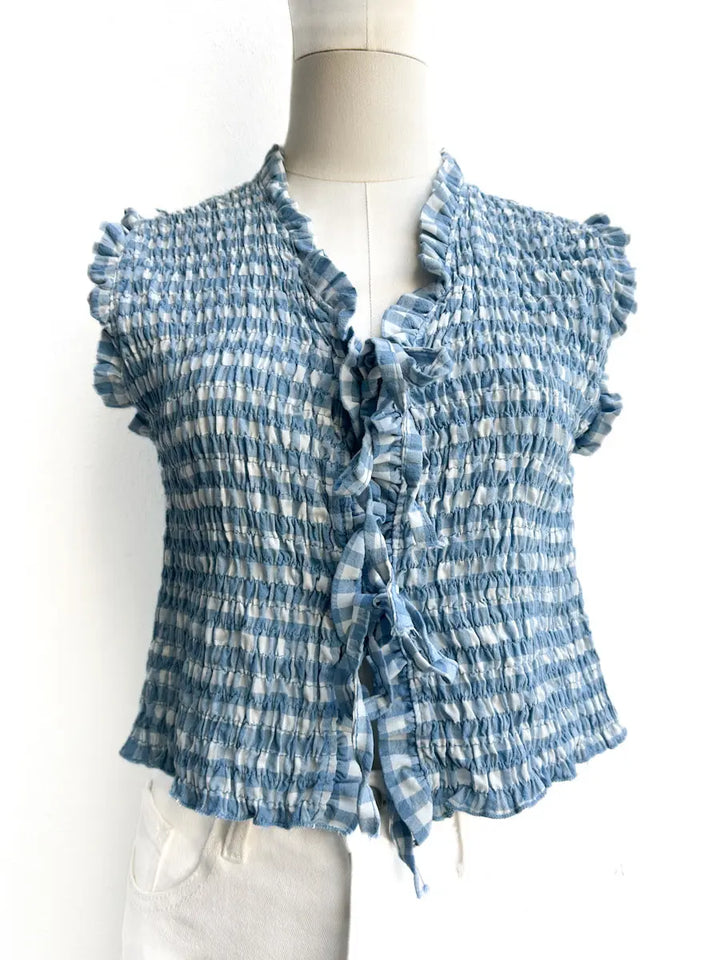 Top Fruncido de Cuadros con Lazo Azul única