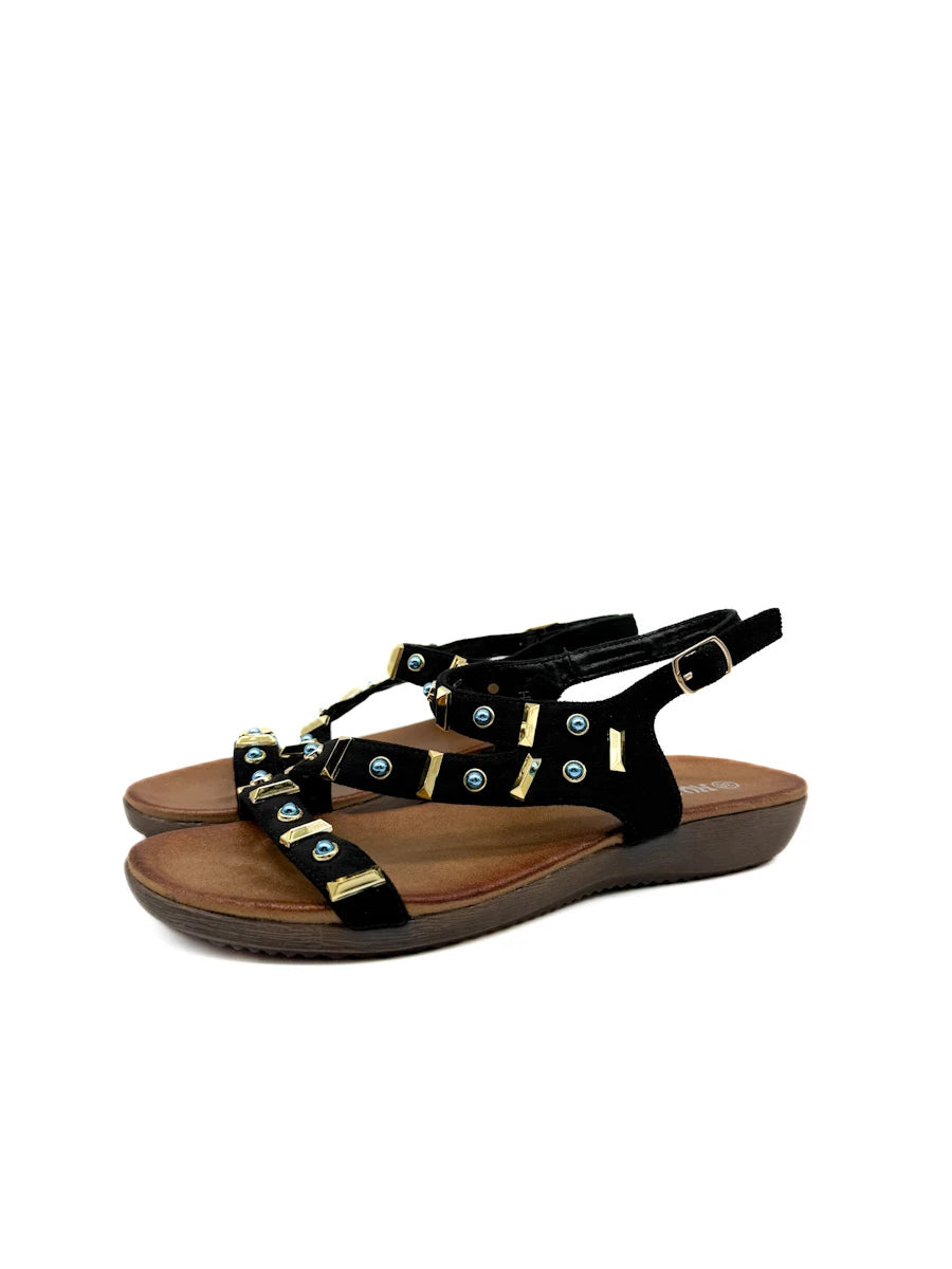 Sandalias Romanas Boho-Chic con Detalles de Pedrería Azul y Dorado