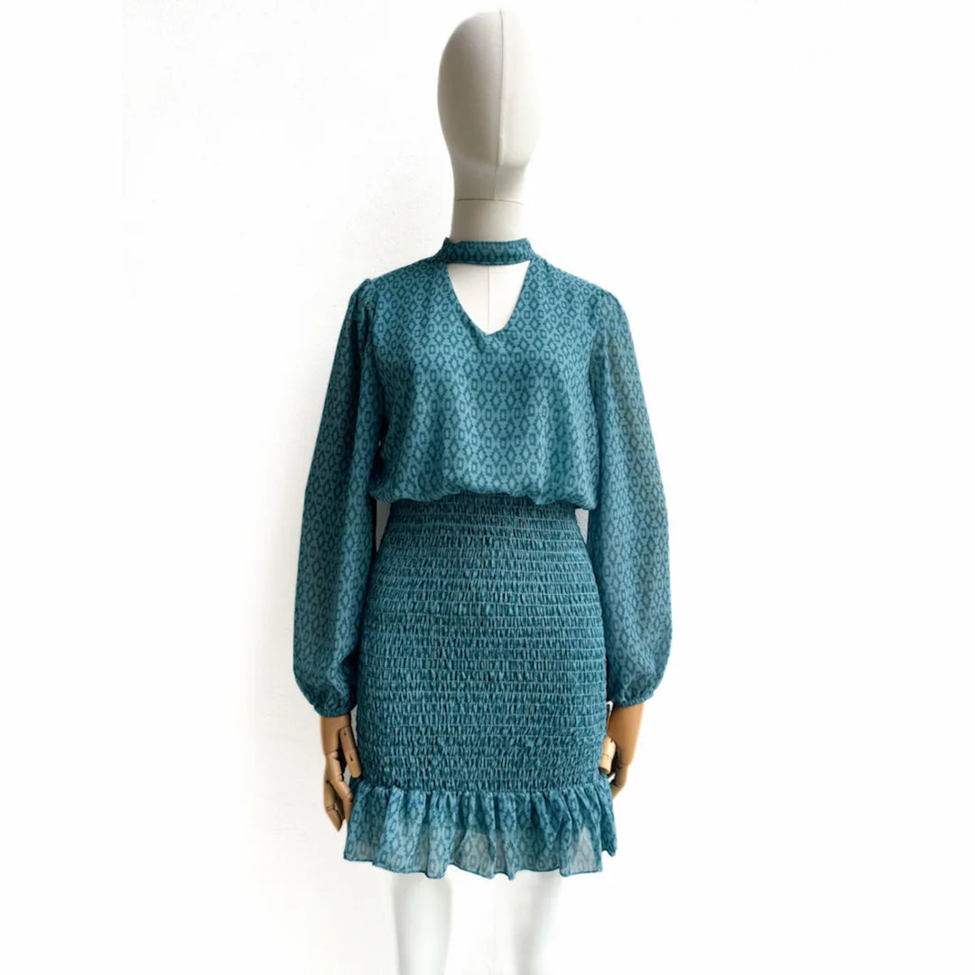 Vestido Dos Piezas con Estampado y Detalles Fruncidos Beige Verde única