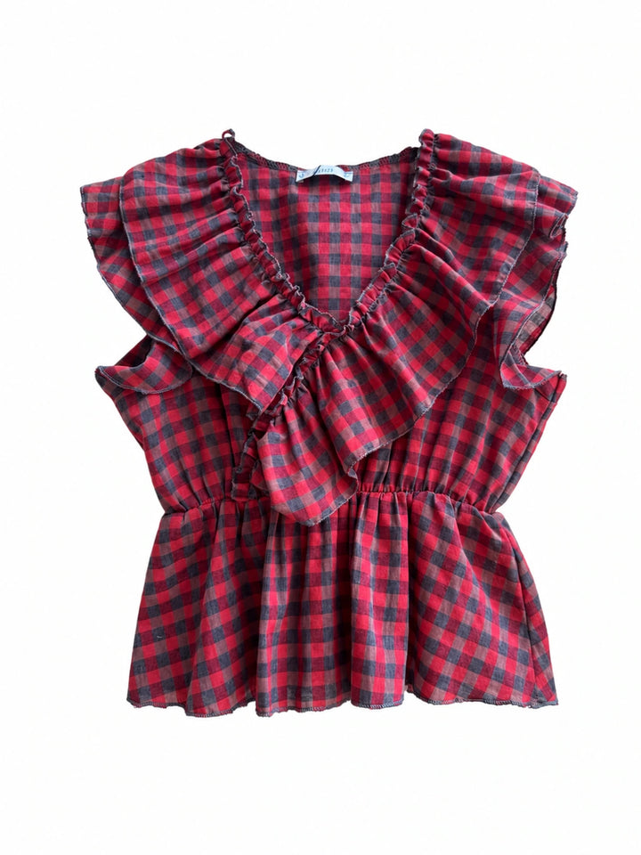 Blusa de Cuadros Vichy con Volantes y Escote en V | Elegancia Casual para Mujer
