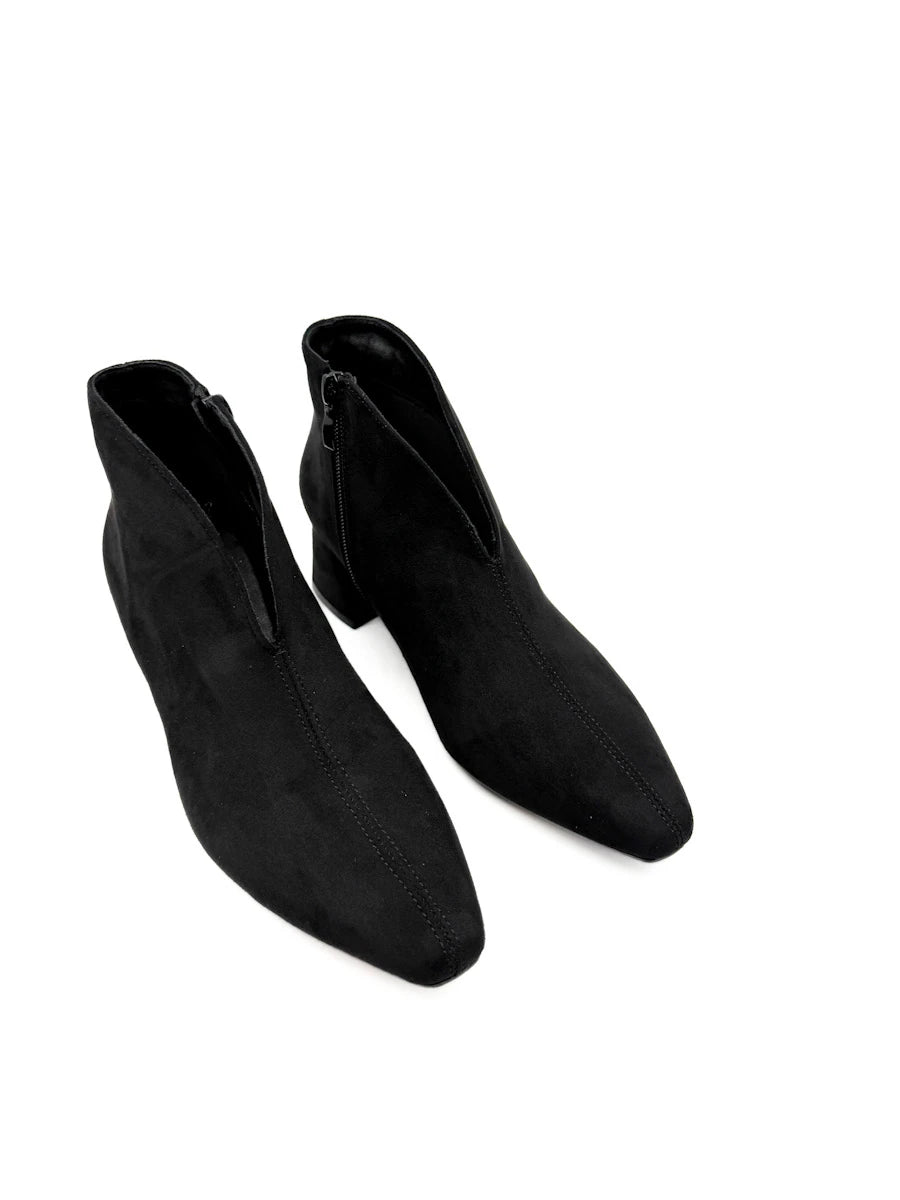 Botines de Ante Sintético con Escote en V, Tacón Ancho y Puntera Fina