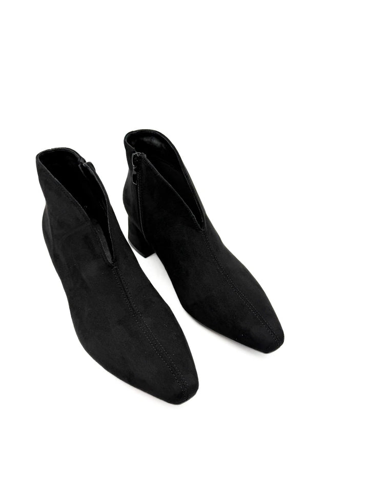 Botines de Ante Sintético con Escote en V, Tacón Ancho y Puntera Fina