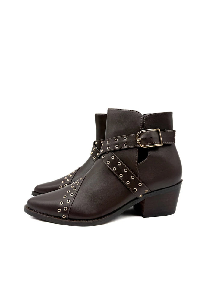 Botines Camperos de Mujer con Ojetes Metálicos y Hebilla - Tacón Ancho y Cremallera