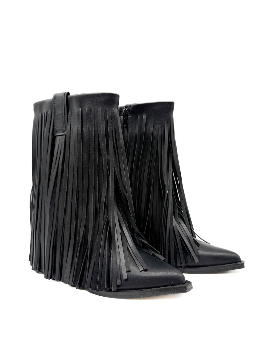 Botín Negro de Estilo Cowboy con Flecos Corina M5813