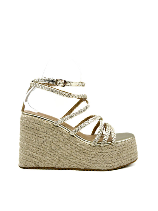 Sandalias de cuña con plataforma tiras trenzado Oro