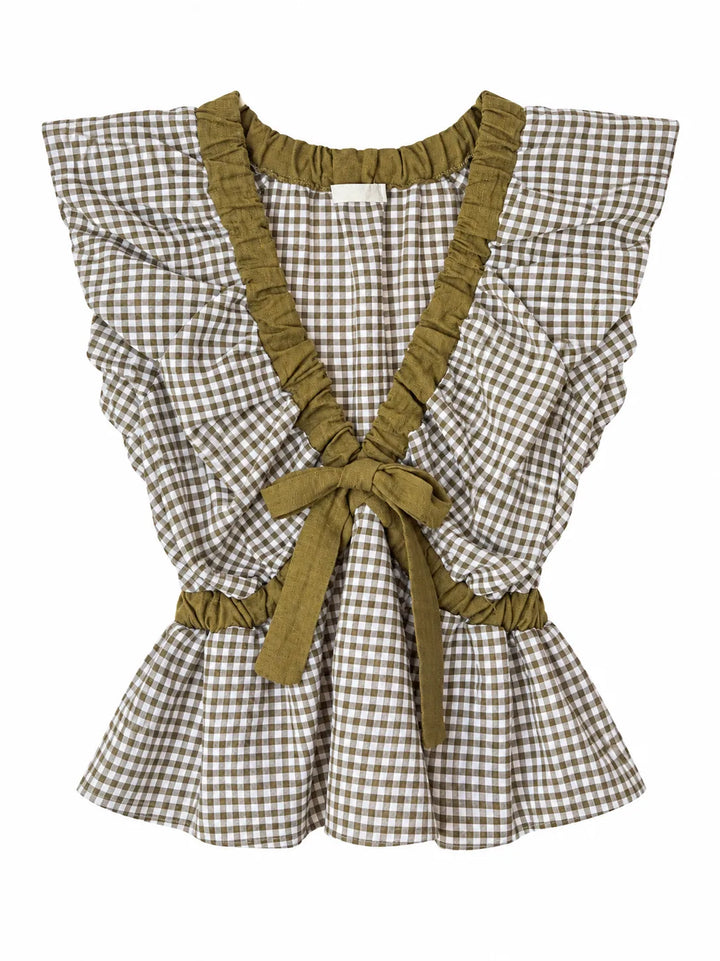 Blusa Vichy con Volantes y Espalda Abierta con Lazo