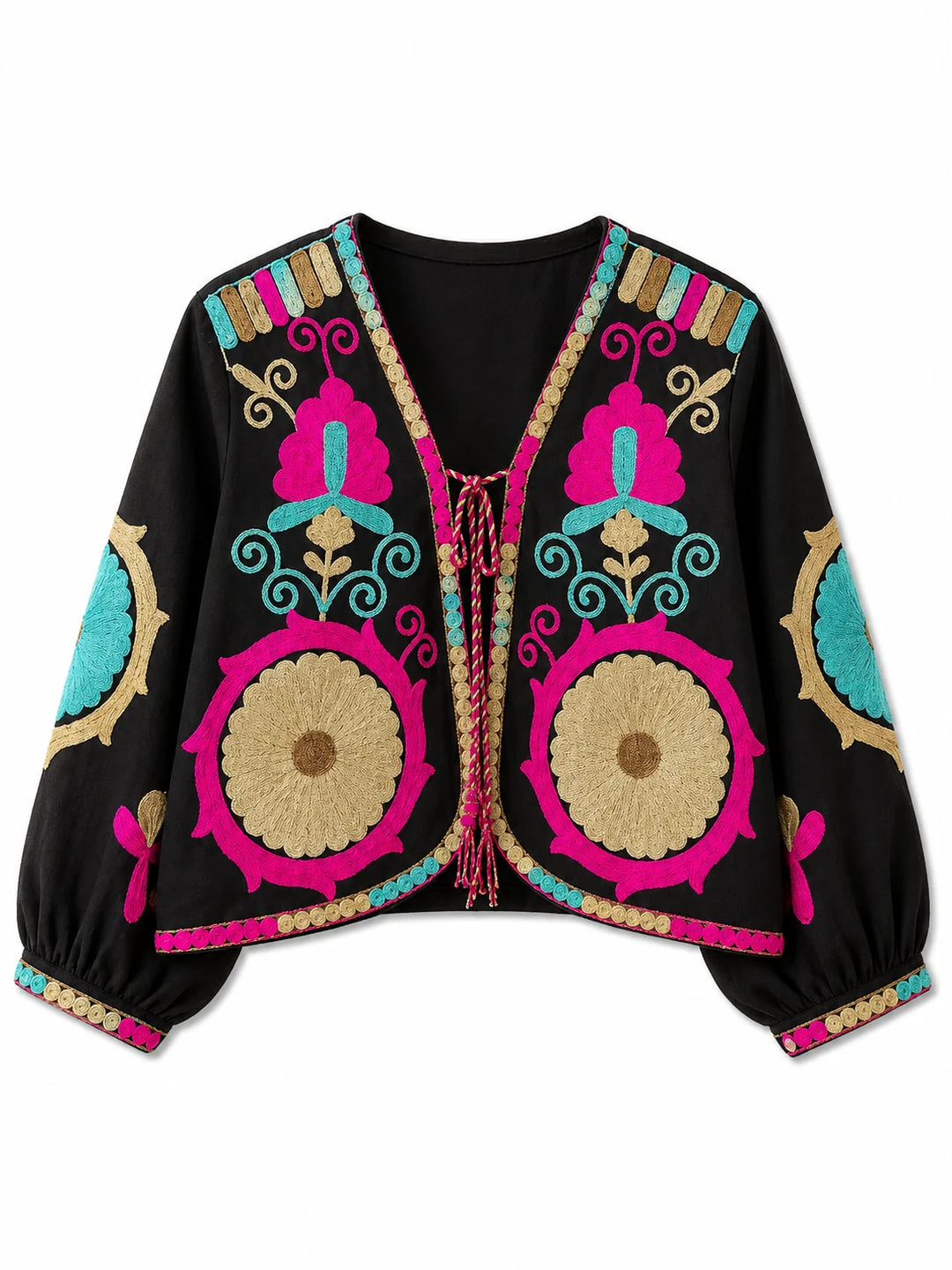 Chaqueta Bordada Multicolor para Mujer de Estilo Boho con Manga Larga y Diseño Artesanal