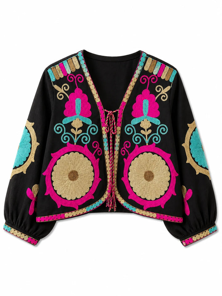 Chaqueta Bordada Multicolor para Mujer de Estilo Boho con Manga Larga y Diseño Artesanal