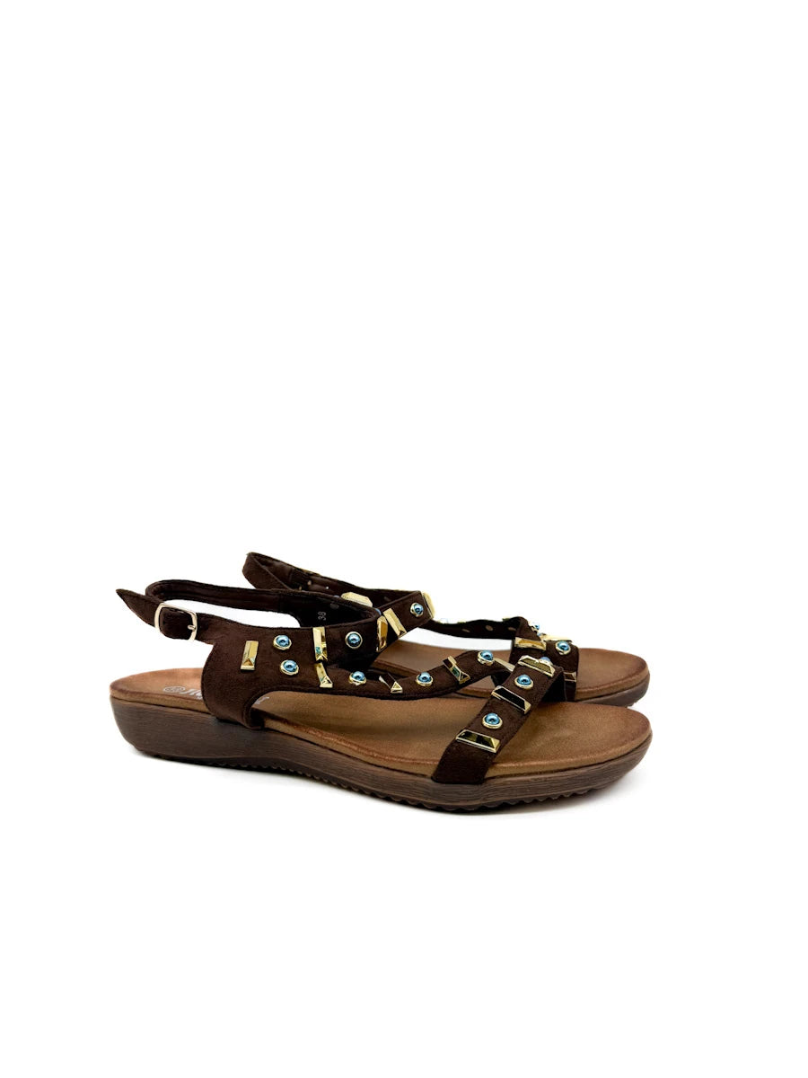 Sandalias Romanas Boho-Chic con Detalles de Pedrería Azul y Dorado
