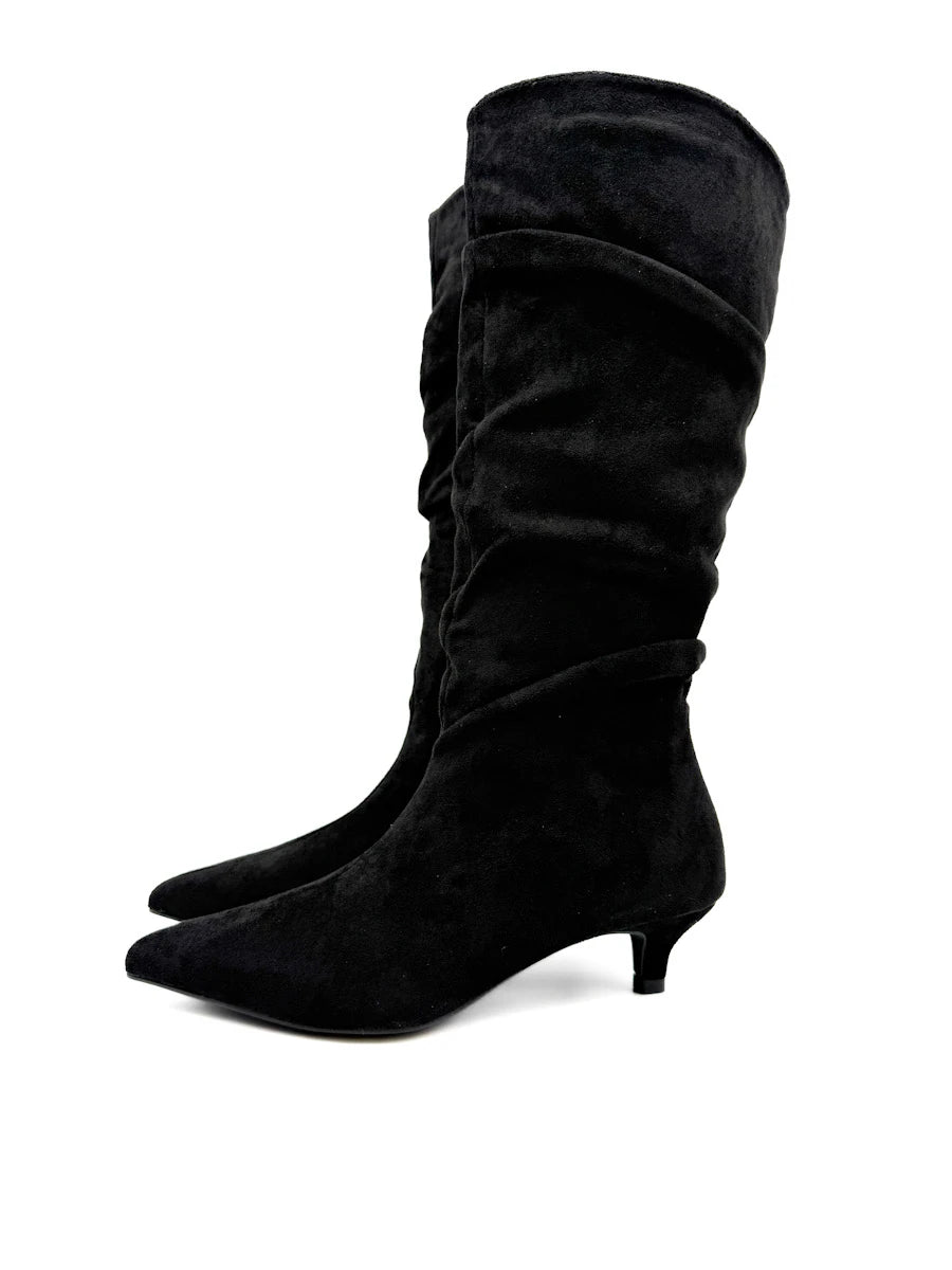 Botas Altas Fruncidas de Ante Sintético con Tacón Chupete y Puntera Fina