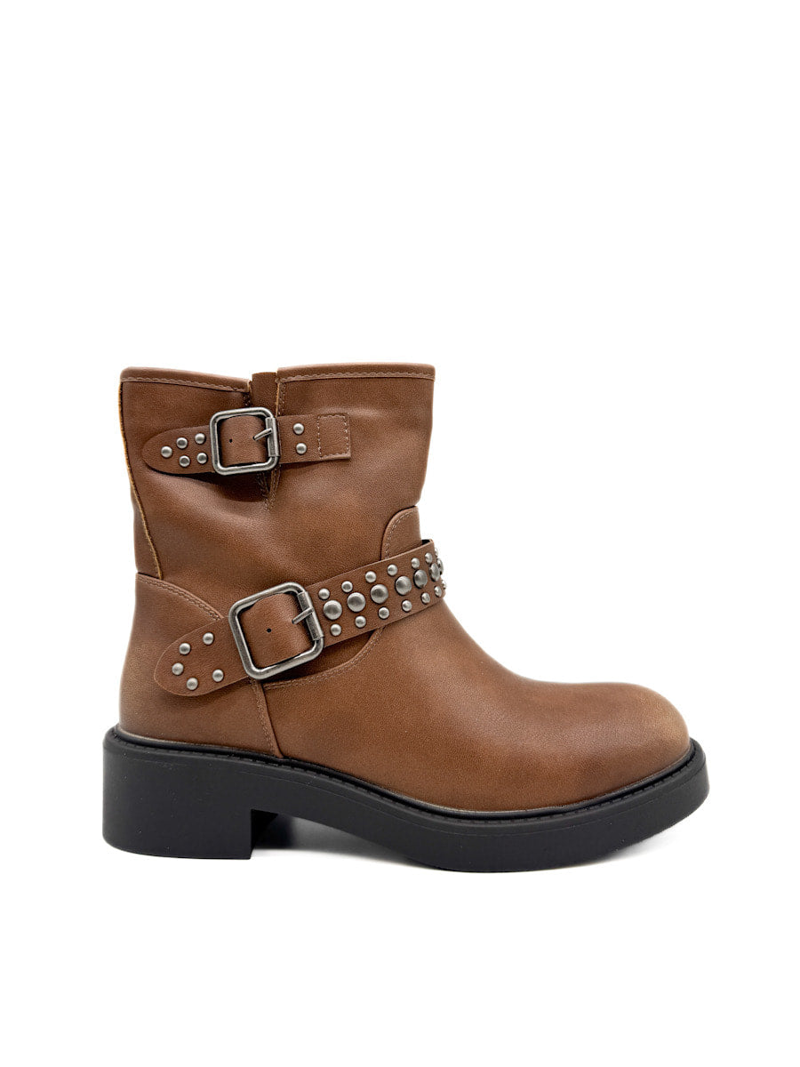 Botines Biker con Tachuelas y Hebillas Metálicas en Suela de Plataforma. Camel