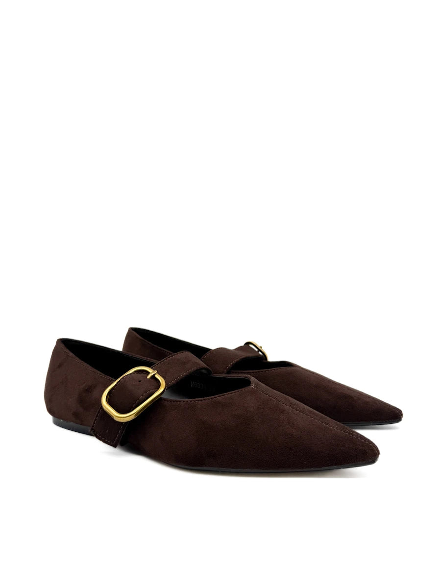Zapatos Planos Mary Jane de Punta Fina en Ante Sintético con Hebilla Dorada