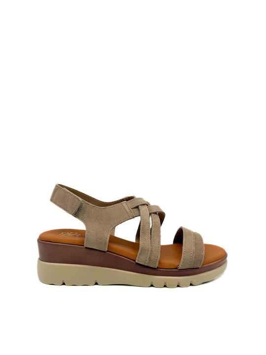 Sandalias Cuña de Piel Cierre Con Velcro Kahki