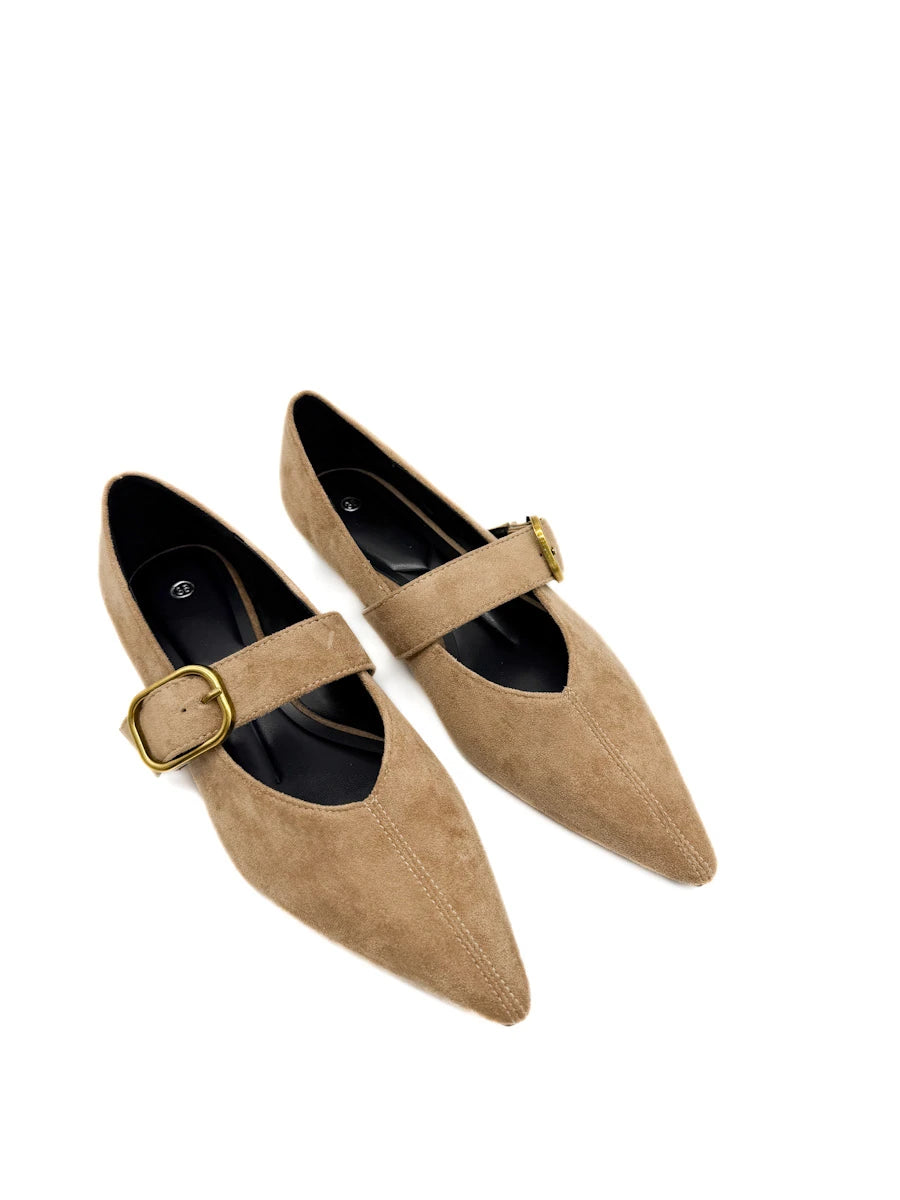 Zapatos Planos Mary Jane de Punta Fina en Ante Sintético con Hebilla Dorada