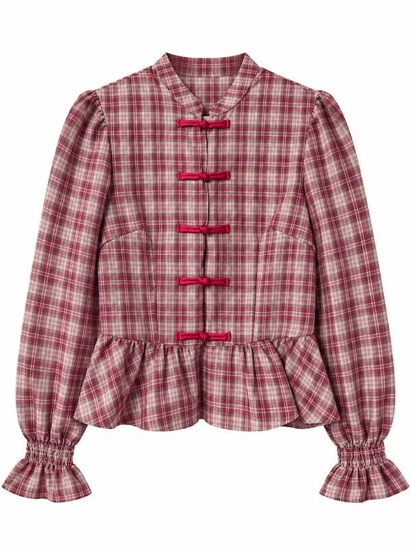 Blusa a Cuadros con Botones de Nudo Chino y Peplum 