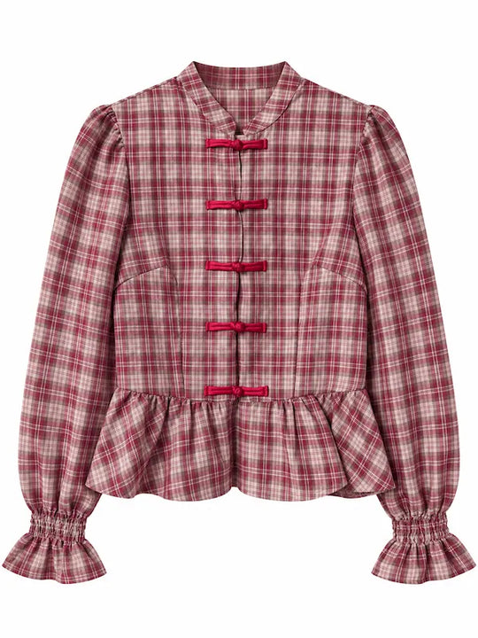 Blusa a Cuadros con Botones de Nudo Chino y Peplum 