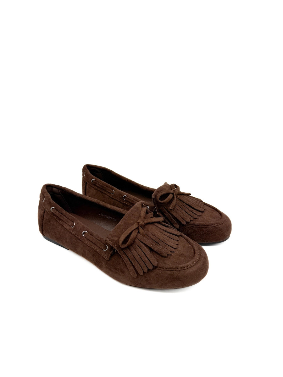 Mocasín Planos de Antelina Marrón con Flecos y Lazo