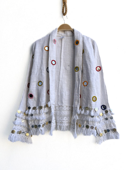 Chaqueta Boho con Espejos y Monedas Blanco única