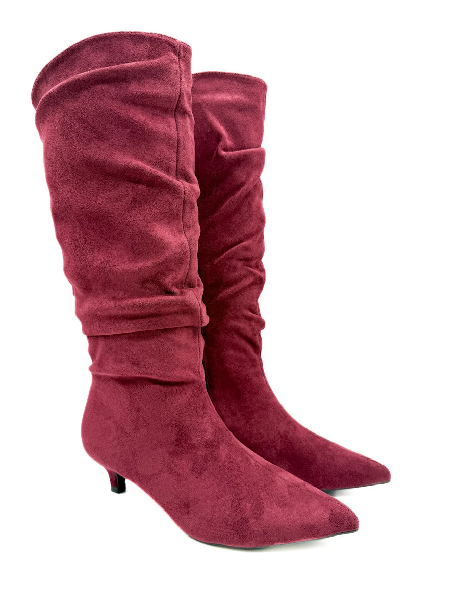 Botas Altas Fruncidas de Ante Sintético con Tacón Chupete y Puntera Fina