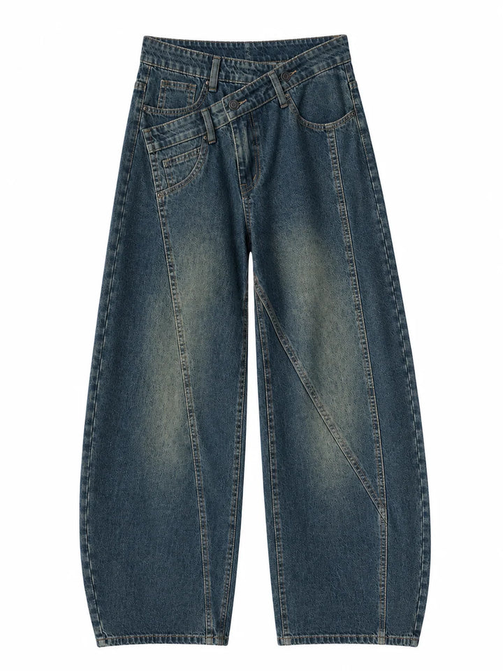 Pantalón Vaquero Azul Vintage de Pierna Ancha con Cintura Asimétrica