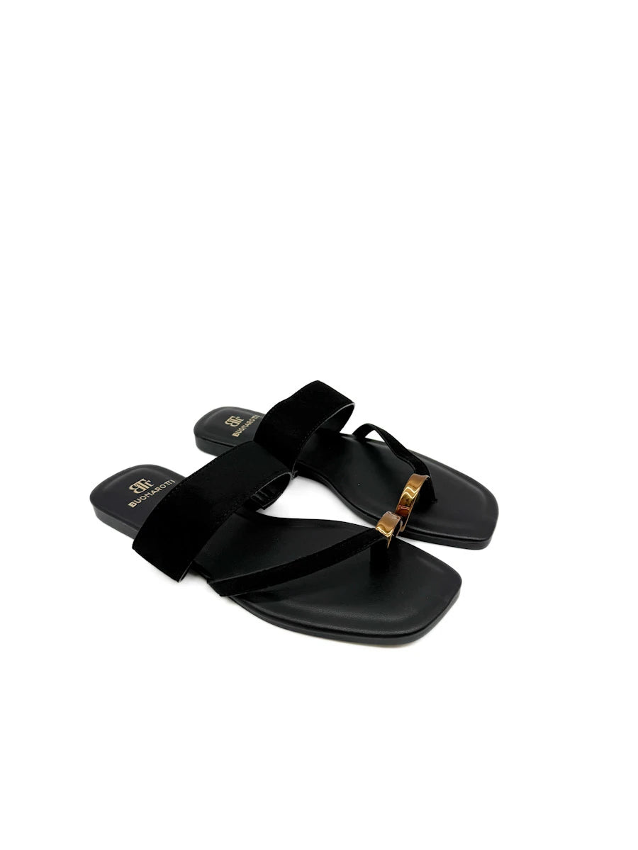 Sandalias Tipo Pala de Antelina con Anillo Bronce en el Dedo Mujer