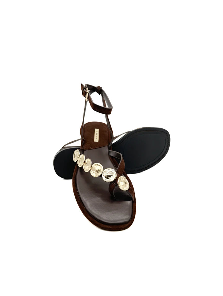 Sandalias de Dedo Boho con Discos Dorados y Tira Ajustable para Mujer