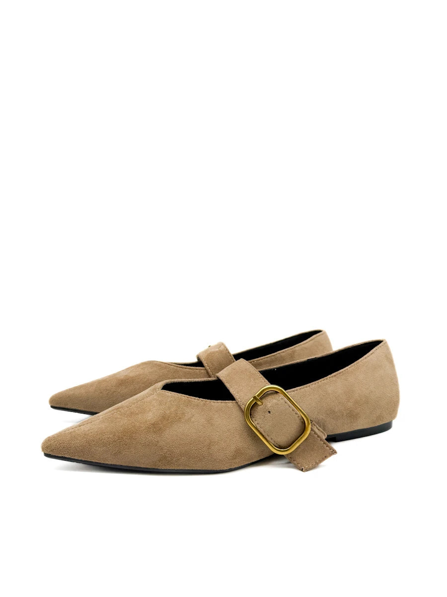 Zapatos Planos Mary Jane de Punta Fina en Ante Sintético con Hebilla Dorada