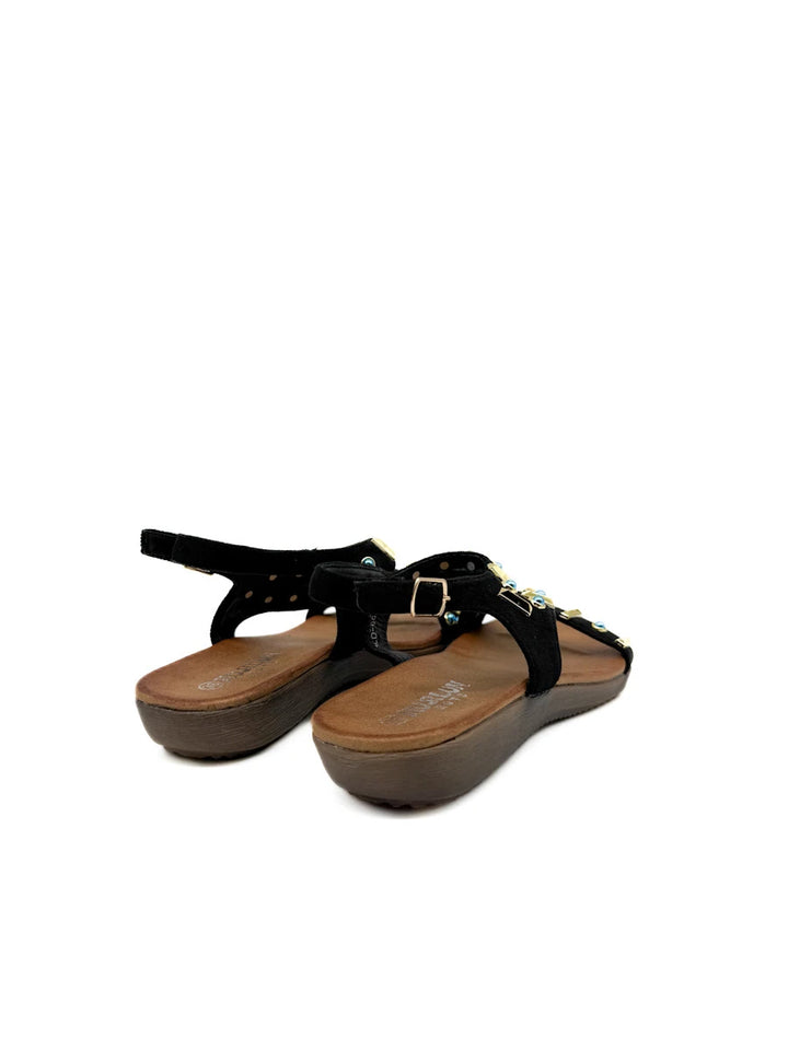 Sandalias Romanas Boho-Chic con Detalles de Pedrería Azul y Dorado