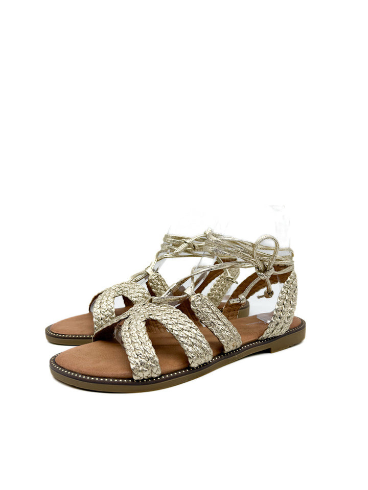 Sandalias Romanas Doradas con Diseño Trenzado y Cordones Ajustables