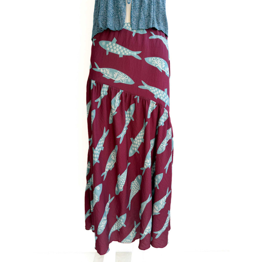 Falda larga bohemia con estampado de peces Burdeos Azul única