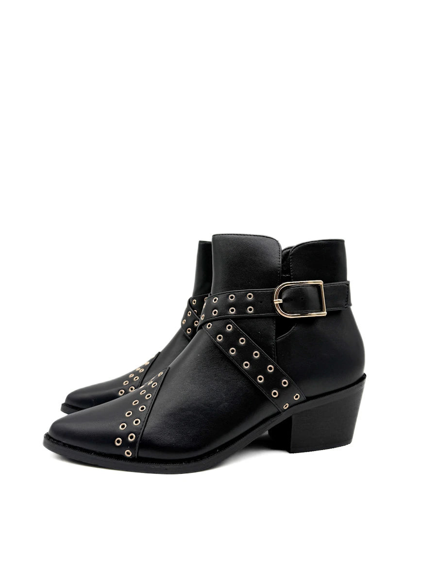 Botines Camperos de Mujer con Ojetes Metálicos y Hebilla - Tacón Ancho y Cremallera