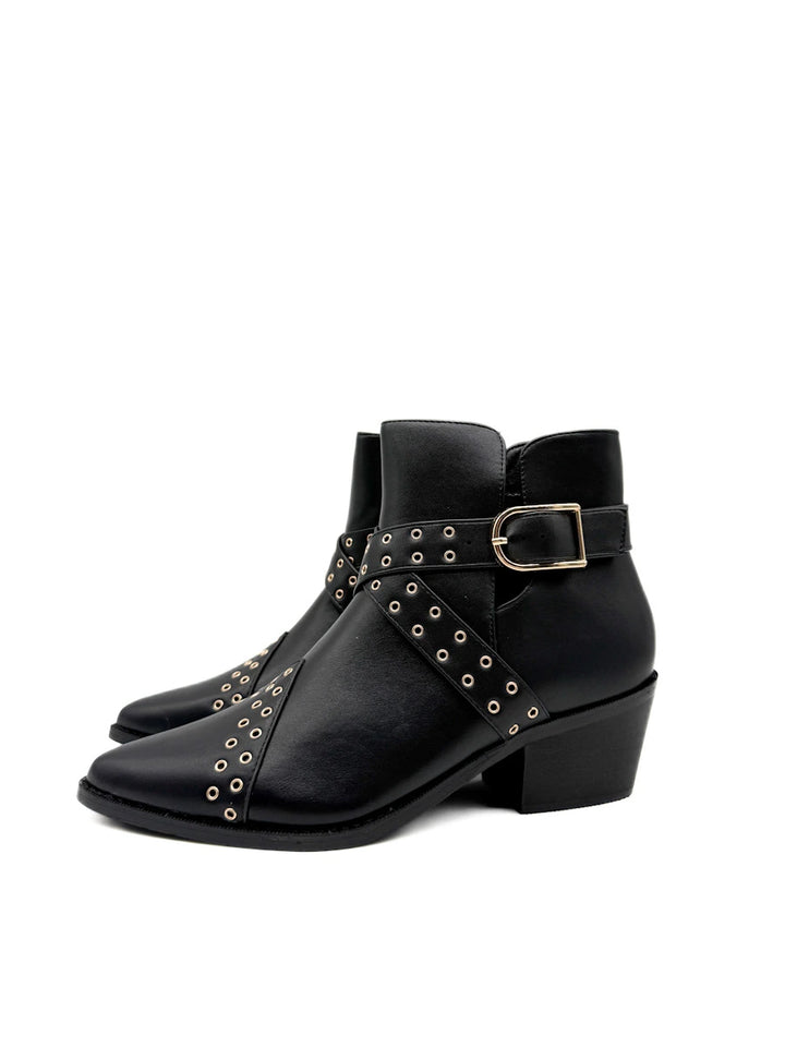 Botines Camperos de Mujer con Ojetes Metálicos y Hebilla - Tacón Ancho y Cremallera
