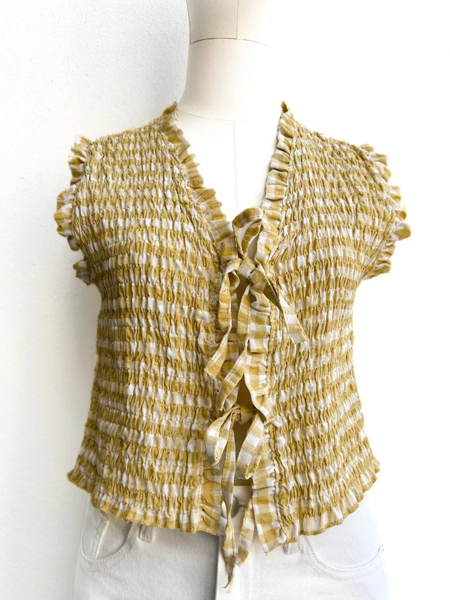 Top Fruncido de Cuadros con Lazo Amarilla única