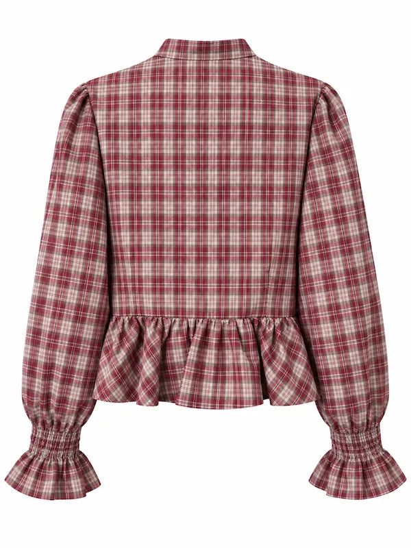 Blusa a Cuadros con Botones de Nudo Chino y Volantes