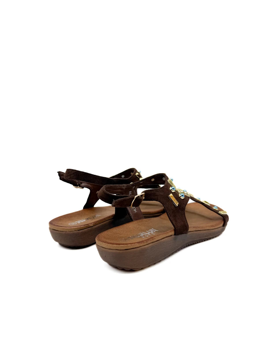 Sandalias Romanas Boho-Chic con Detalles de Pedrería Azul y Dorado