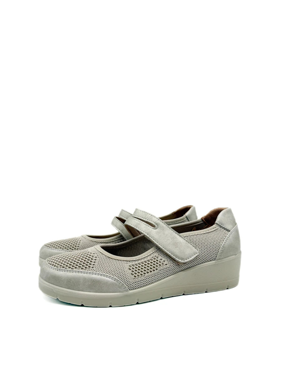Zapatilla de Confort para Mujer con Cuña Ligera - Manoletinas Transpirables de Malla con Cierre de Velcro - Calzado Ergonómico Metalizado